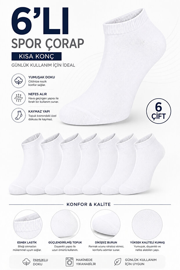 Economical Pack of 6 Unisex White Short Sports Booties Socks