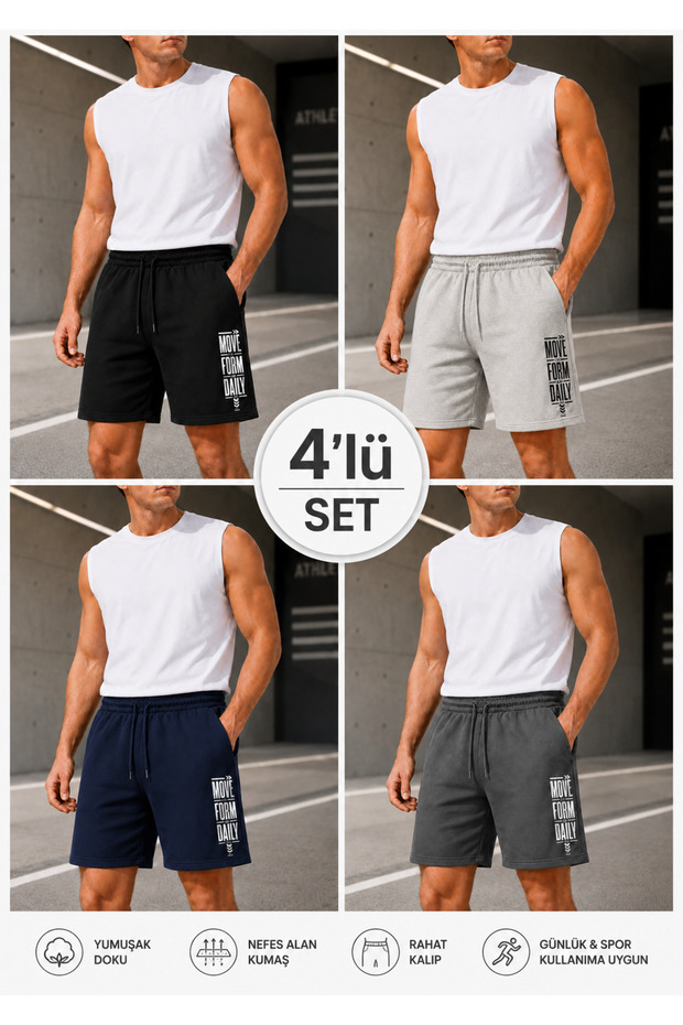 Move from Daily Men's 4-Pack Economic Print Set Shorts with Side Pockets Elastic Waist Comfortable Fit Casual Shorts/Bermuda