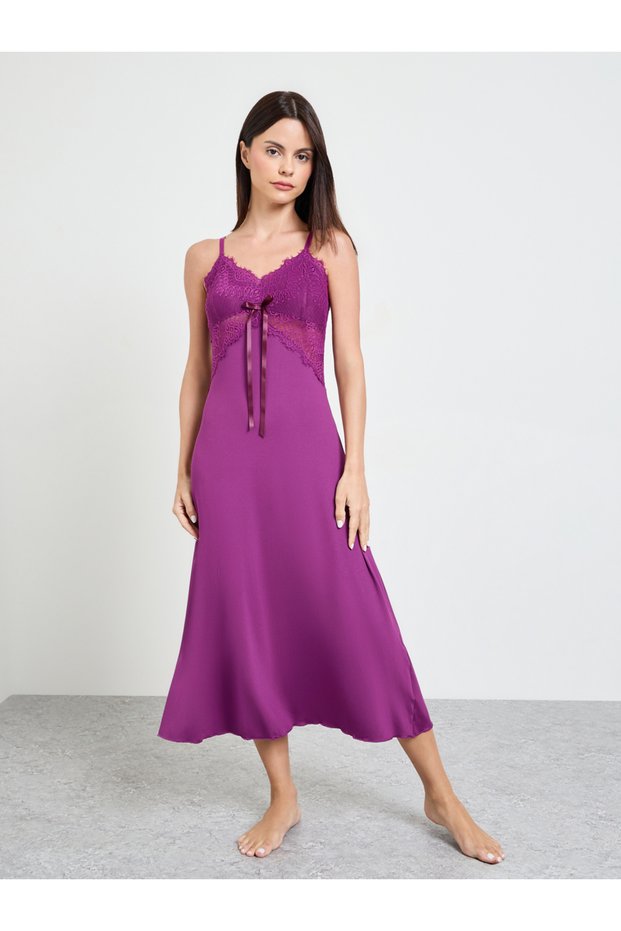 Purple Lace Trim Strappy Slip Dress