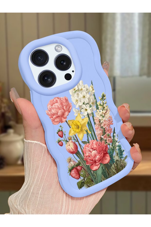 iPhone 15 Pro Max Compatible Case with Camera Protection Blue Silicone Couple Phone Case with Floral Pattern