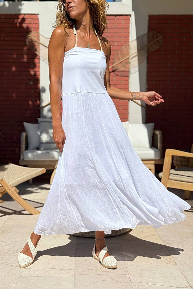 White Lined Pleated Cotton Strapless Woven Dress 100 40