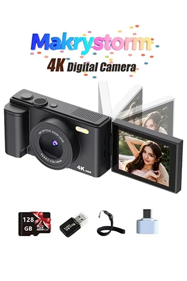 كاميرا رقمية بدقة 4K مع بطاقة ذاكرة SD سعة 128 جيجابايت، تدعم تصوير الفيديو بدقة 64 ميجابكسل وشاشة قابلة للطي بزاوية 180 درجة.