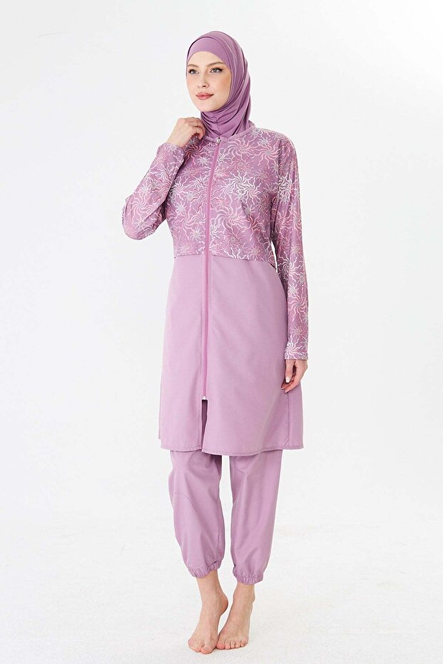 Fully Covered Parachute Fabric Patterned Hijab Swimsuit Pink-3504