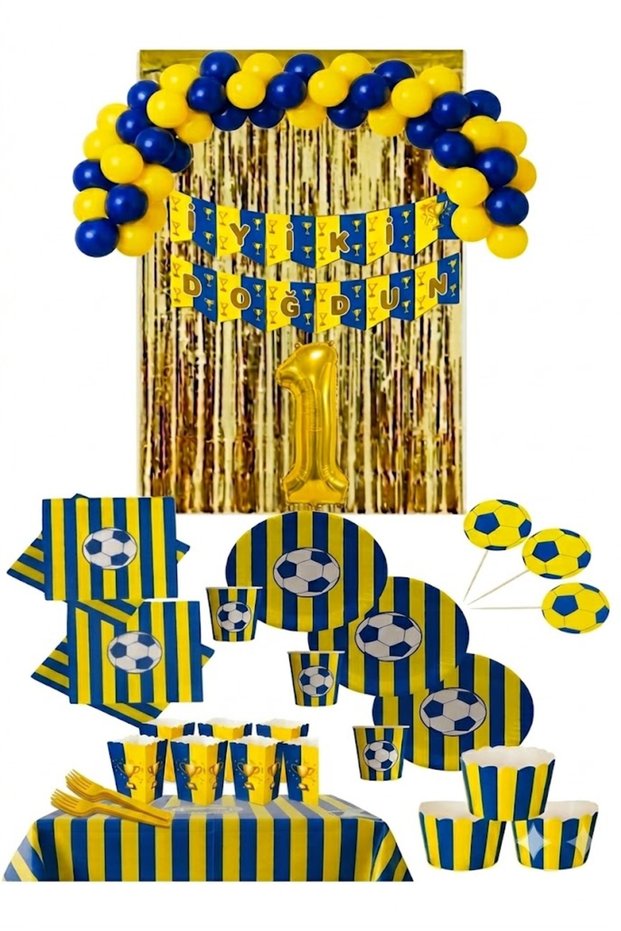 16 Person Yellow Navy Blue Fan 1 Year Old Birthday Concept