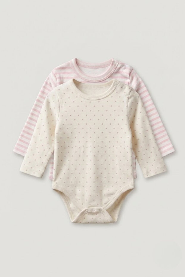 Organic Cotton Baby Pink Striped and Polka Dot 2-Piece Long Sleeve Snap Bodysuit Set