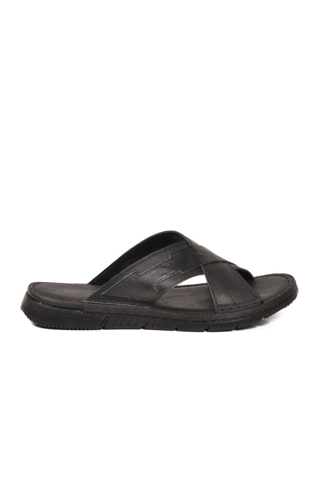 Black Genuine Leather Men's Flat Slippers