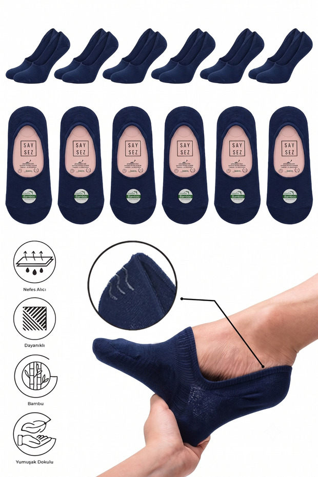 Bamboo Women's Ballerina Navy Blue Socks Seamless Invisible Non-Slip Heel Silicone Premium 6-Piece Pack