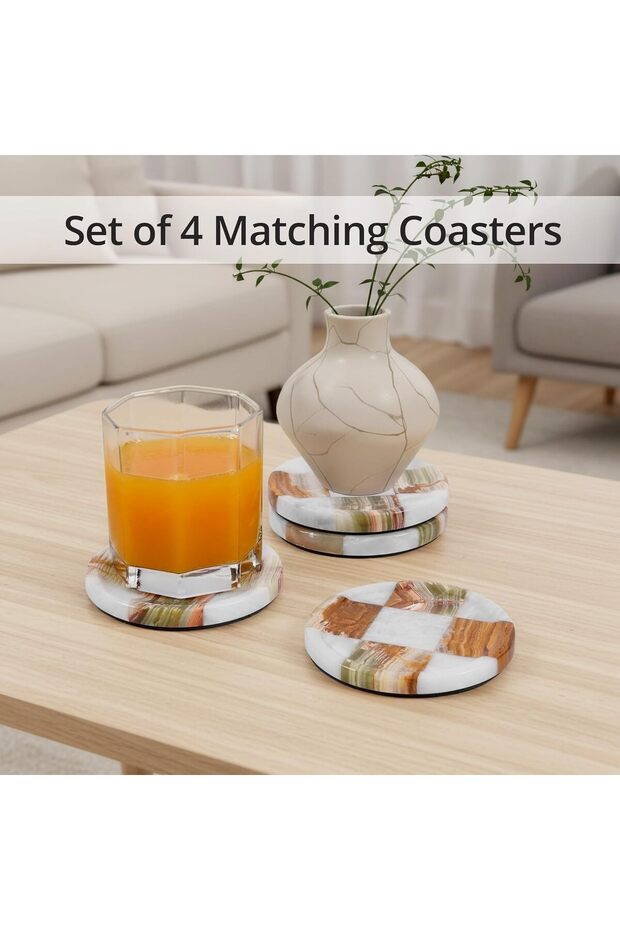 Marble Coasters Set of 4, White & Green Drink Coasters for Coffee Table, Home Décor