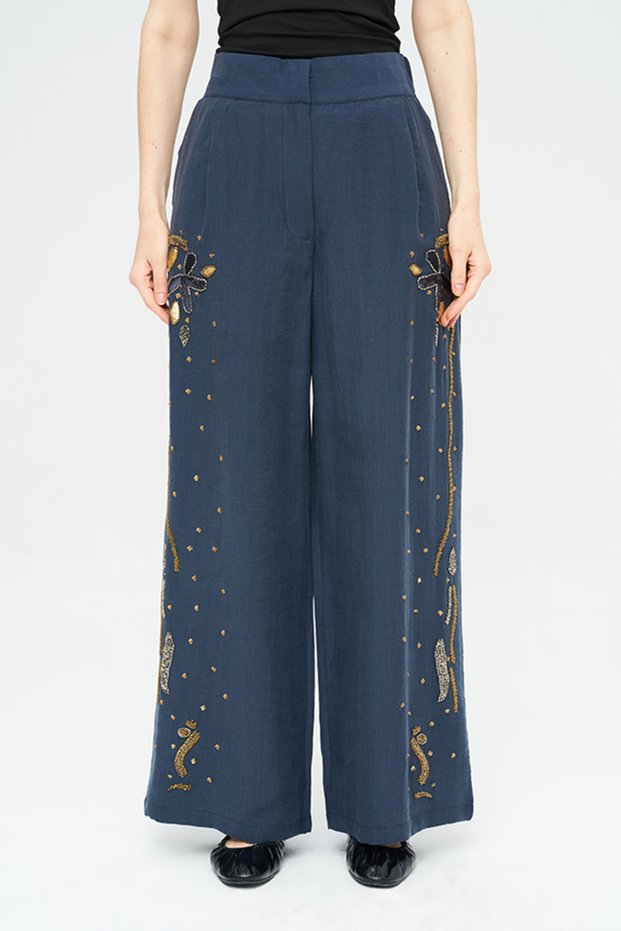 Women's Intensely Stone and Bead Embroidered Palazzo Trousers