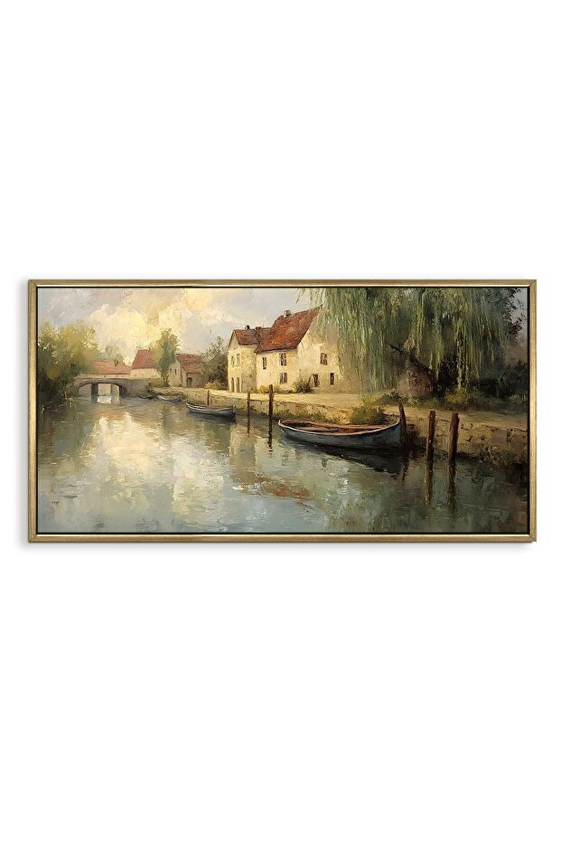 Signtouch European Riverside Village Canvas Wall Art 60x120 cm With Outer Frame for Office Decor