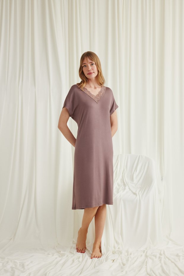 Brown Lace Nightgown, Women's Short-Sleeved Viscose Home Dress, V-Neck Guipure Nightgown, One-Piece Stylish Powder Pink Sleepwear