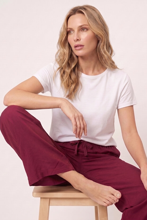 Women's Cotton Woven Pajama Bottoms with Elastic Waist and Tie, Wide Leg, Comfortable Cut, Single Bottom
