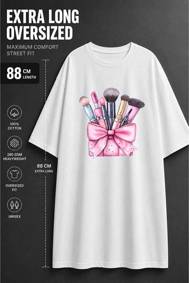 Women's Extra Long Oversized Makeup Printed Tunic T-Shirt