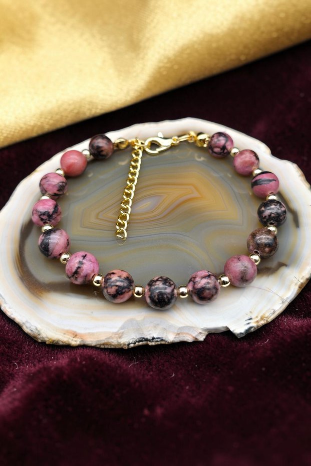 Women's Rhodonite Natural Stone Bracelet Vip Adjustable Gold Color