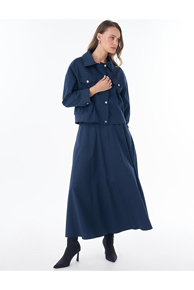 Embroidered Skirt Suit in Dark Navy Blue
