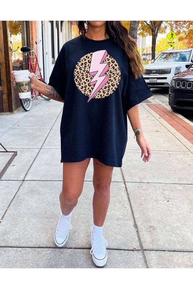 Navy Blue Oversize Crew Neck Printed Women's Tunic T-Shirt