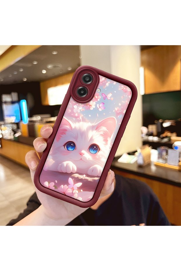 Samsung Galaxy A07 Compatible Case Camera Protector Burgundy Silicone Couple Phone Case Cat Pattern