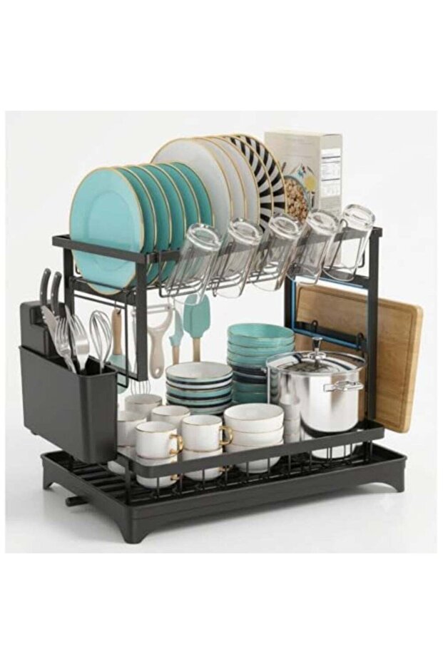 Dish Drying Rack 2 Tier Automatic Drainage Rotating Spout Kitchen Counter Organizer Large Capacity Plate Bowl Cup Storage Cutlery Caddy Drainboard Space Saving Black
