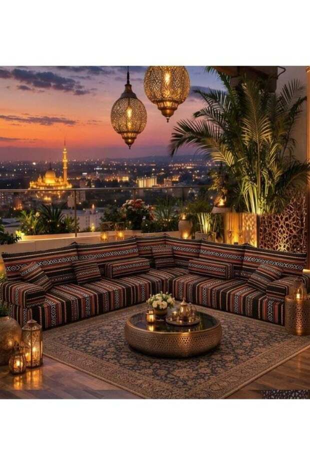 Arabic Majlis Floor Sofa Set, L-Shape, Tribal Stripe Pattern, Indoor Outdoor Seating, Boho Style