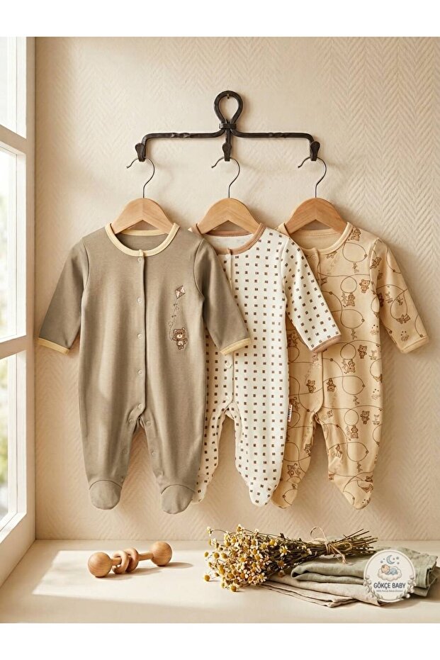 100% Cotton Natural Earth Tones and Teddy Bear Patterned 3-Piece Baby Romper Set