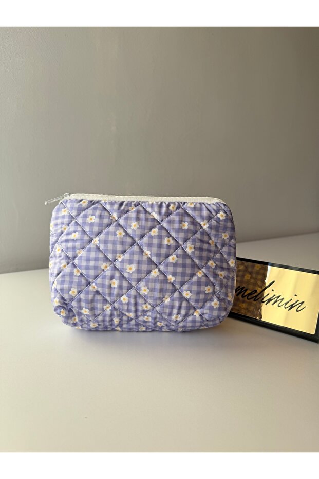 Women's Purple-White Floral Patterned Quilted Makeup Bag and Travel Cosmetic Bag