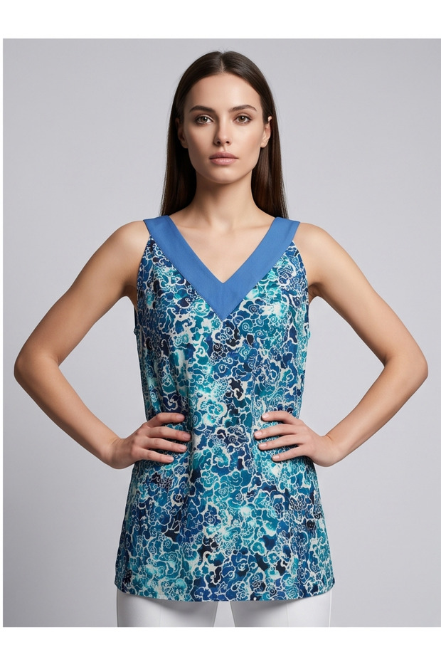 Women's V-Neck Contrast Detailed Patterned Sleeveless Flowy Blouse