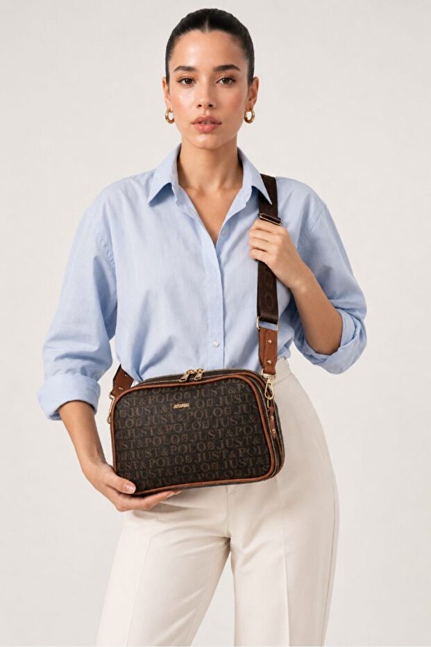 Women's Hand and Shoulder Bag with Multiple Compartments, Zipper, Logo, Cross Strap, Brown-Tan