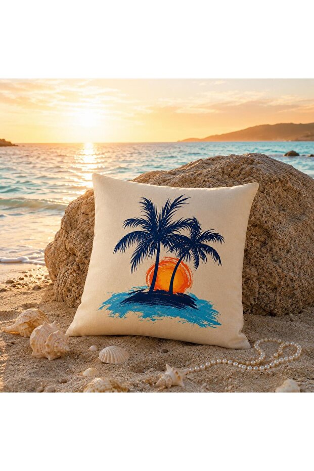 غطاء وسادة ديكوري من REYLA Costa Bianca Sunset Palm مقاس 45x45 سم مطبوع على الوجهين ومقاوم للبقع