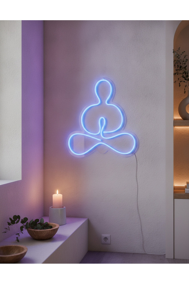 Yoga Meditasyon Figürlü LED Neon Duvar Tablosu | Mavi Aydınlatmalı Modern Dekor | Salon - 4