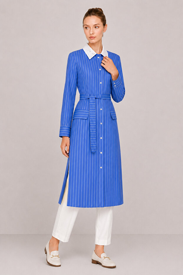 Striped Belted Blue Giy Çık 0337 with Button Detail