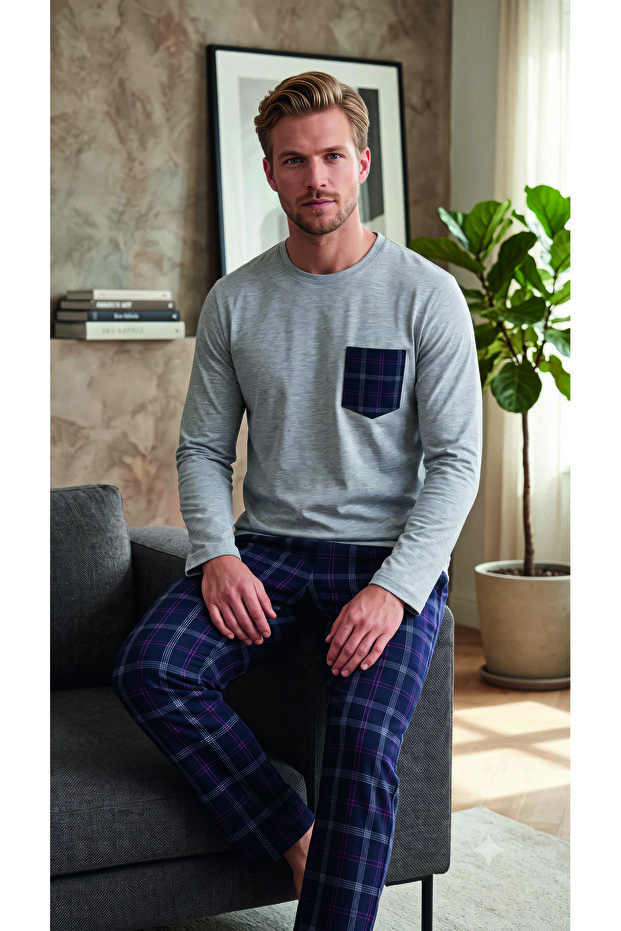 Combed Cotton Single Jersey (Thin) Checked Long Sleeve Men's Pajama Set