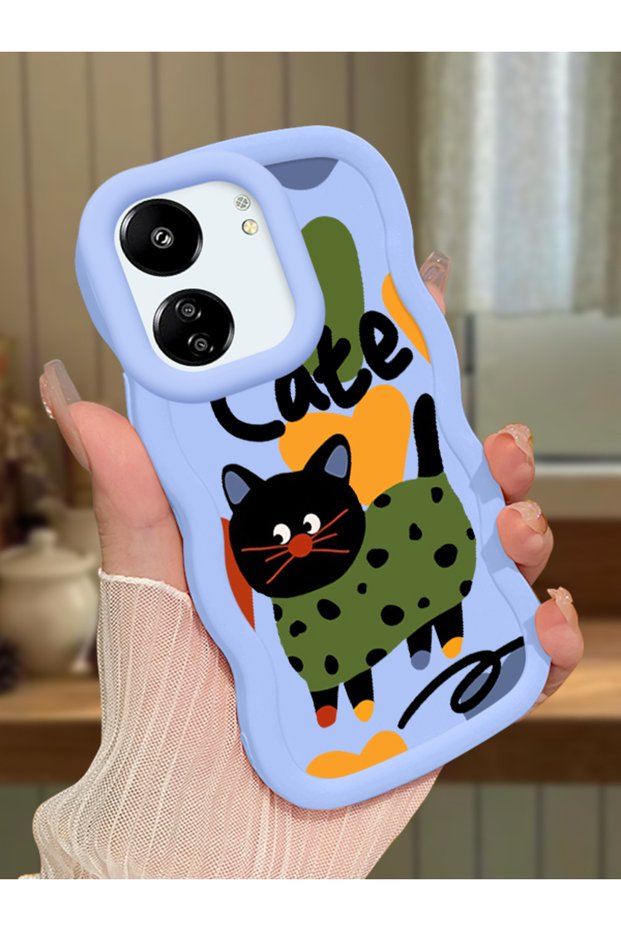 Redmi 13C Compatible Case Camera Protector Blue Silicone Couple Phone Case Cat Pattern