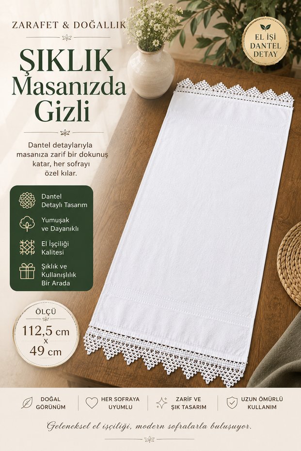 Bead Embroidered Lace Detailed Handmade White Towel Decorative Dowry Bag Hand and Face Towel 112.5 X 49 cm