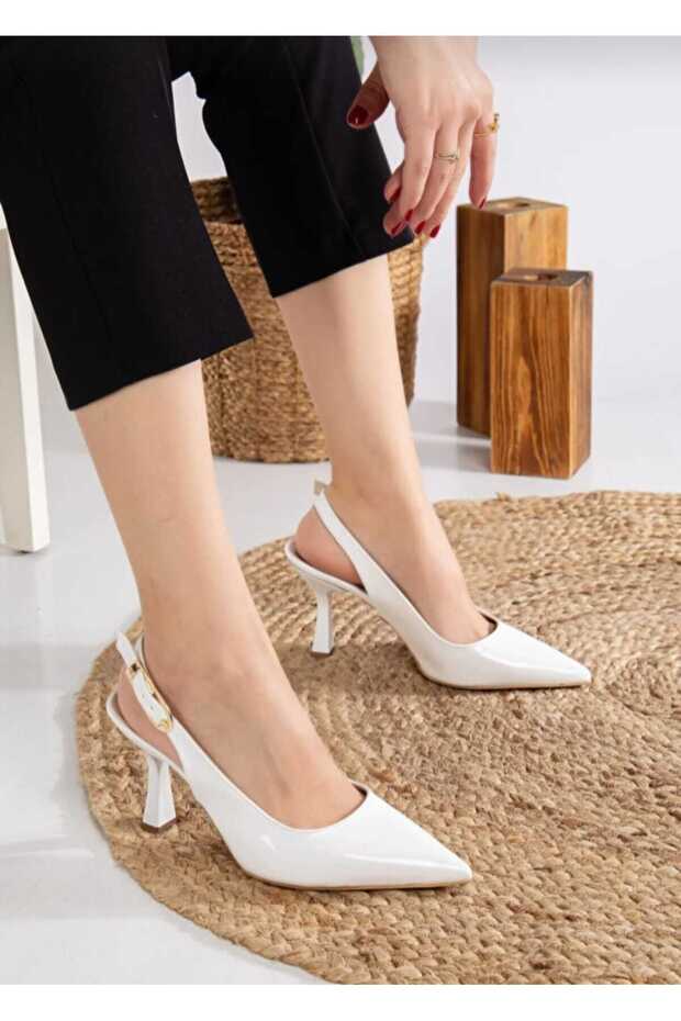 Women's White Patent Leather Pointed Toe Heeled Shoes Open Back Stylish Classic Stiletto