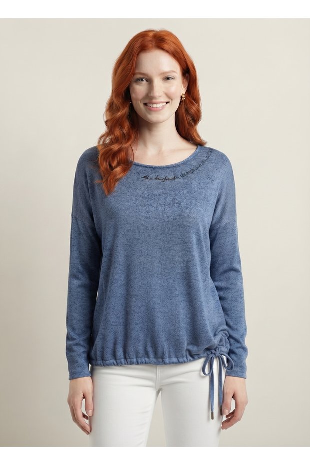 Women's Blue Knitwear Blouse with Elastic Gather Detail