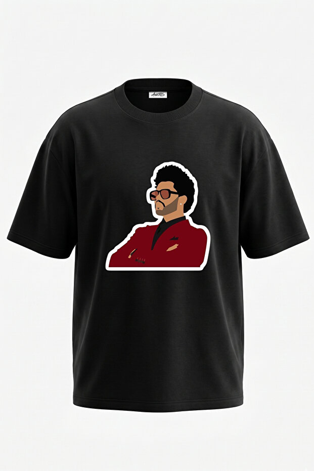 تي شيرت أسود كبير الحجم مطبوع بتصميم The Weeknd_54