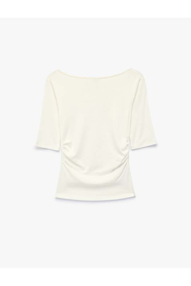 Cotton Slim Fit Draped Round Boat Neck Elbow Length T-Shirt