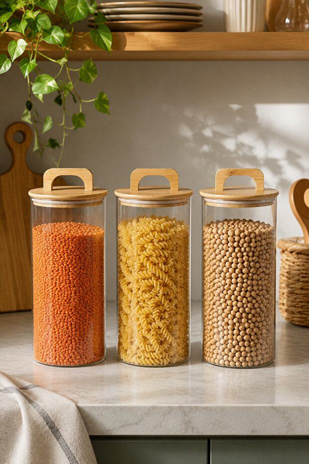 Aria- 3-Piece Borosilicate Jar with Bamboo Lid 1300 ml Flat