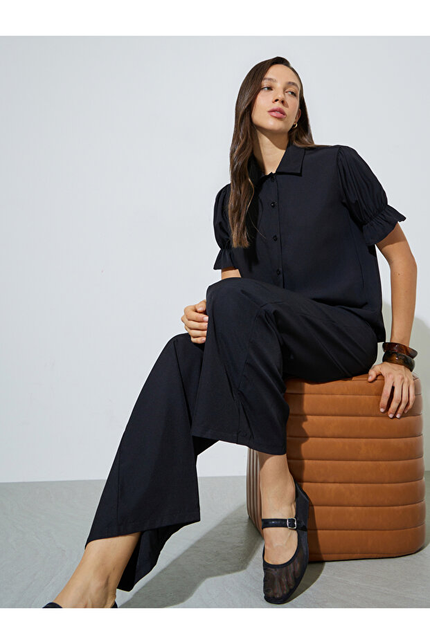 Black Solid Cuffed Sleeve Top And Wide Leg Pants Set