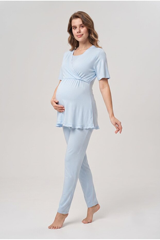 Women's Blue Double-Breasted Collar Maternity Pajama Set with Breastfeeding Feature