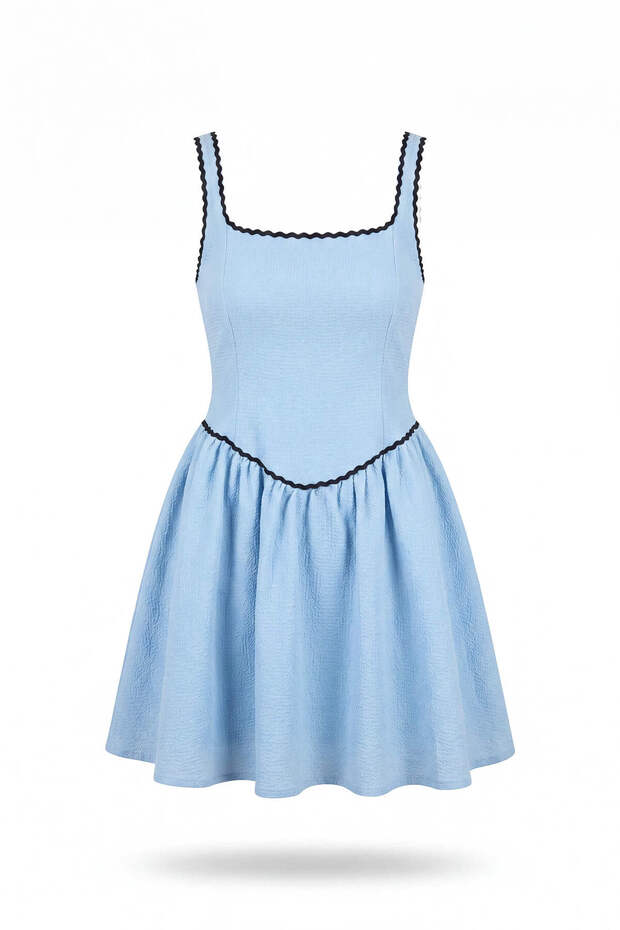 Baby Blue Women's Strappy Lace Detailed Openwork Linen Dress