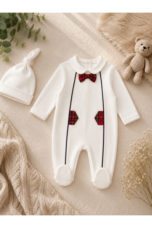 2-Piece Baby Romper and Beanie Set with Bow Tie