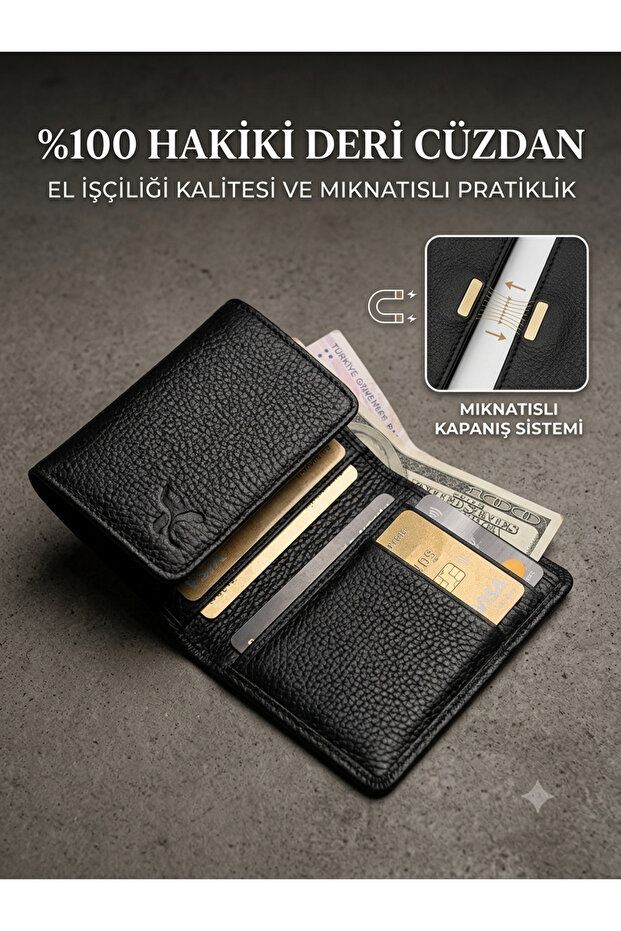 Men's Genuine Leather Wallet with Real Stitches, Medium Size, 6 Card Compartments, 1 Cash Compartment, 1 Photo Compartment, 1 Hidden Compartment, Magnetic Closure