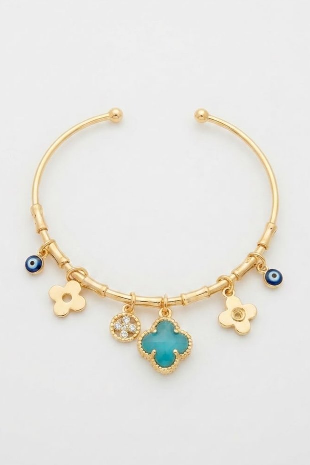 Women's Gold Steel Charm Bracelet with Clover and Evil Eye Bead Detail, Tarnish-Resistant, Stainless