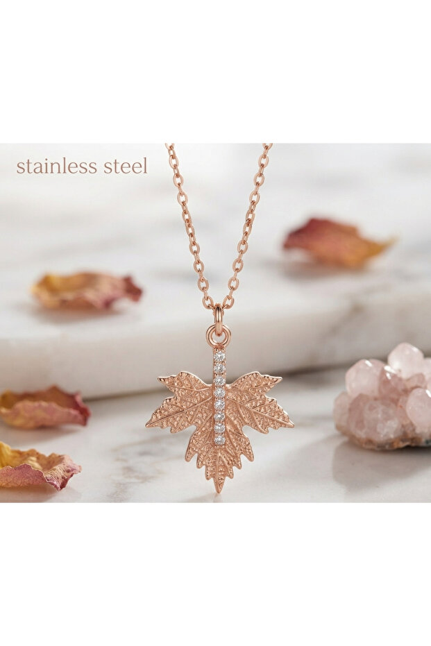 Rose Color Zircon Stone Plane Leaf Model Steel Necklace