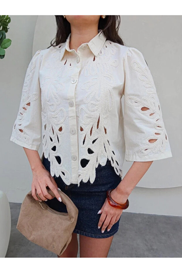 Women's Beige Leaf Patterned Laser Cut Embroidered Scalloped Cotton Linen Watermelon Loose Sleeve Bohemian Shirt