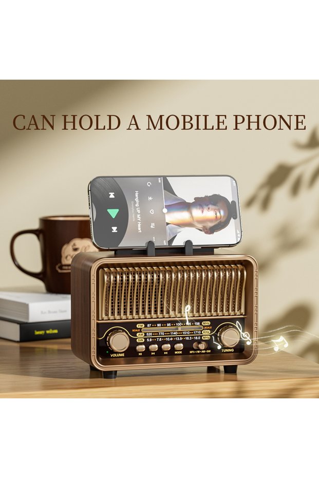 Brown Retro Portable AM/FM/SW Radio with Rechargeable Battery, TF/AUX Playback & Antenna. Wireless f