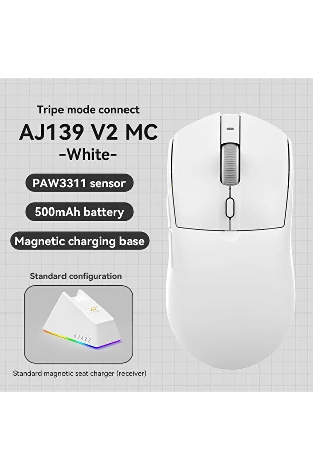Ajazz White AJAZZ AJ139 V2 MC Wireless Gaming Mouse PAW3311 12000DPI RGB Magnetic Charging Dock Macr