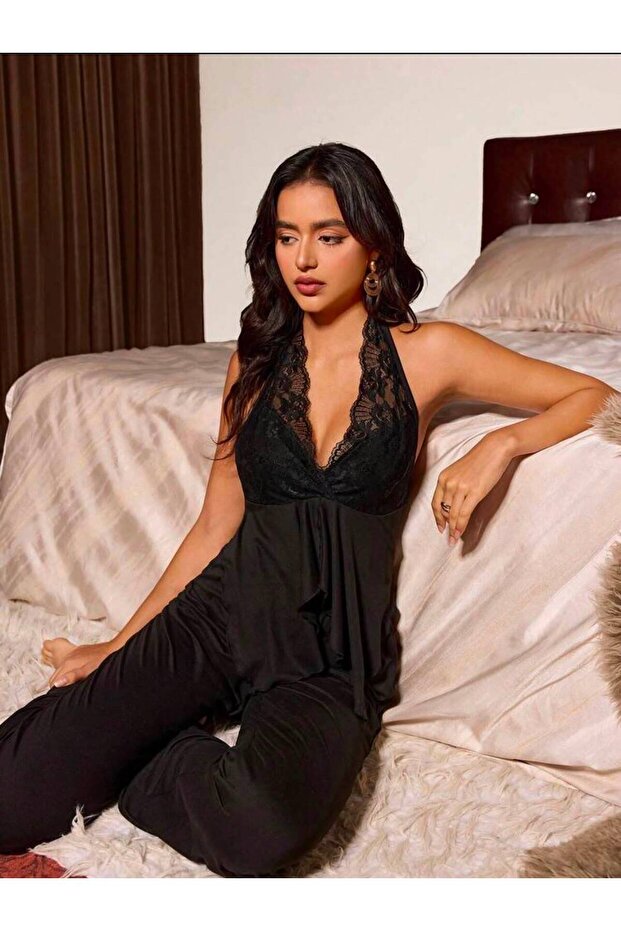 Women's Viscose Ruffled Bustier and Bottom Pajama Set with Lace Details, 2 Pieces