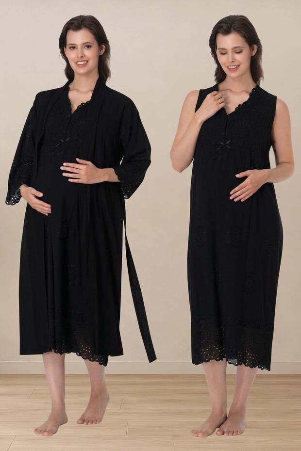 Scalloped Fabric Maternity Nightgown Set with Nursing Features and Robe